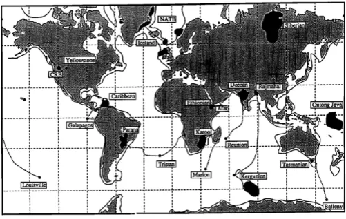 Figure 1.2: Maps of large igneous provinces (LIPs). Dotted lines show the known or conjecturedconnections to active volcanic hotspot tracks