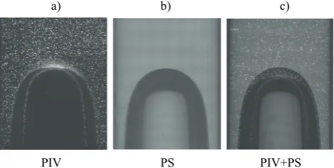 Figure 1. Image of a Taylor bubble rising through water acquired with: a) PIV; b) PS and c) with both techniques (PIV+PS)