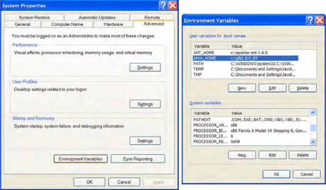 Figure 1.2 You can use the Environment Variables dialog under Windows XP’s System Properties to configure the JAVA_HOME environment variable.