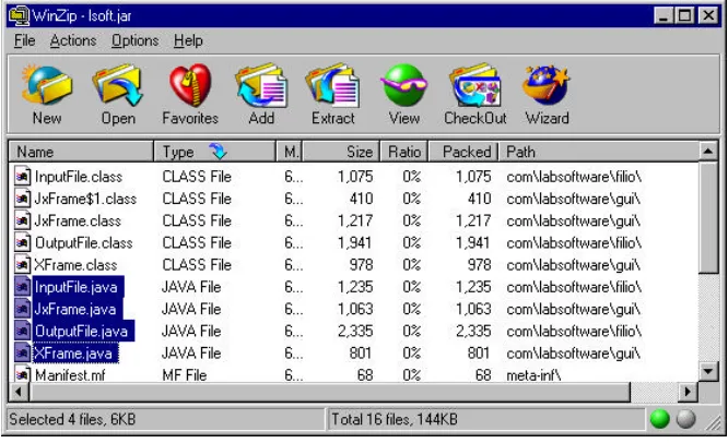 Figure 20-2: The WinZip display of our simple lsoft.jar file. 