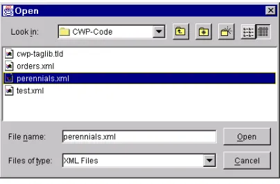 Figure 23–1 JFileChooser that uses ExtensionFileFilter (Listing 23.3) to interactively select an XML file.