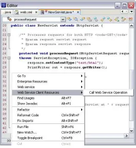 Figure 9-4Generating code for calling a Web service operation in the Source Editor