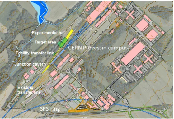 Figure 3. Overview of the required civil engineering for the proposed experimental facility for SHiP on the CERN Prevessin campus