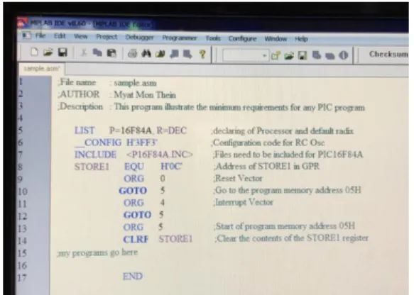 Figure  3  shows  the  Assembly  program  backbone  of  the  MPLAB IDE Editor platform
