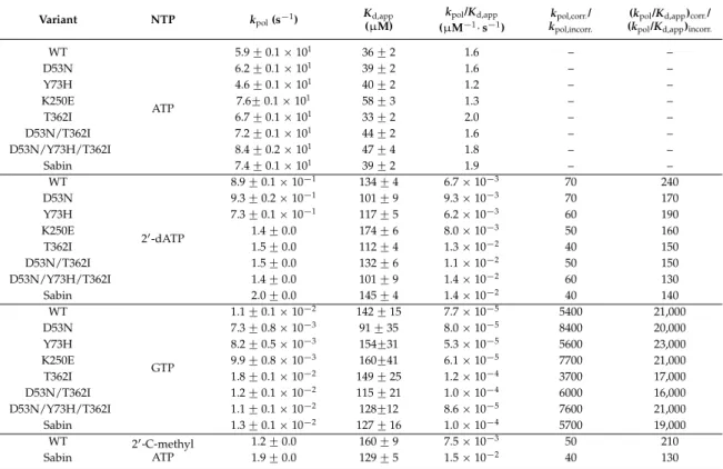 Table 1. The Sabin amino acid substitutions induce small changes in RdRp catalytic rates and fidelity.