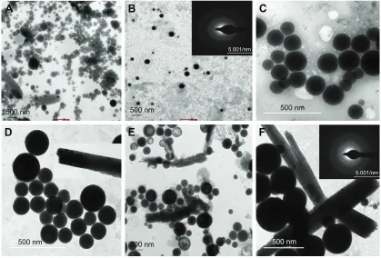 Figure 3 TeM micrographs of seNPs synthesized at 37°c using 1.5 mM Na2seO3 concentration incubated at (A) ph 6, (B) ph 7 (Inset: saeD pattern of seNPs) and (C) ph 9