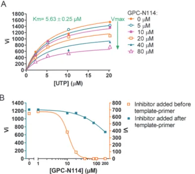 Fig 5. Characterization of the inhibitory mechanism of GPC-N114 on CVB3 3D pol . (A) GPC-N114 does not compete with UTP