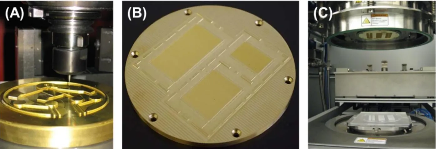 Figure 2.2 (A) High precision micromilling of a brass substrate using solid carbide bits on the order of 500  to 50 µm or smaller in diameter