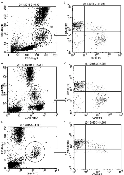 Figure 1. Analysis of different gating methods for the detection of monocytes subsets (A and B: FSC-SSC gating
