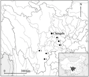 Figure 2.2: Locations of pollen cores: Ziyang (1), Zizhong (2), Zigong (3), Mianning (4), Leibo (5), Butuo (6)