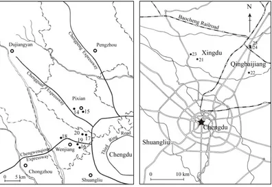Figure 3.11: The distribution of unwalled Baodun settlements to the far west and north of Chengdu: Qingjiangcun (14), Caojiaci (15), Hongqiaocun (16), Xinzhuangcun (17), Tianxianglu (18), Fanjianian (19), Yongfucun sanzu (20), Zhongyi (21), Chujiacun (22),