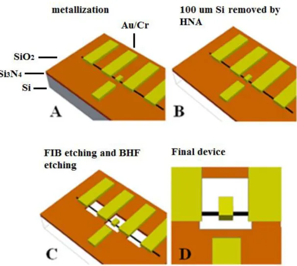 Figure 3.3.6 Schematic of device fabrication step 8 to 12. (A) Electrodes and paddles are  patterned onto CNTs by electron beam lithography followed by metallization