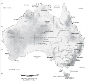 Figure 1-1: Australia showing state borders, capital cities, major cities, elevation, lakes and rivers