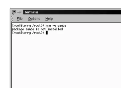 Figure 9-1: The RPM query shows that Samba is not installed on this system.