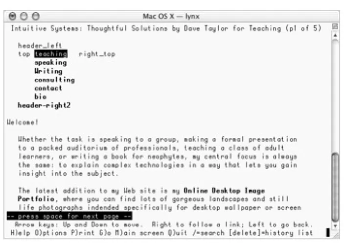 Figure 7-1 shows how my own website (http://www.intuitive.com/) looks in the spartan lynx browser: