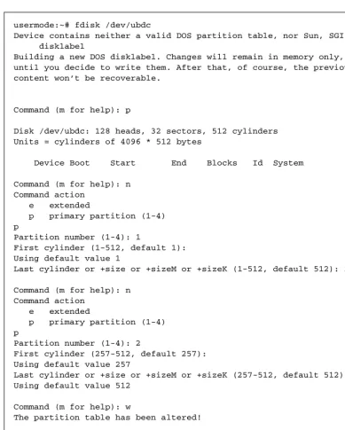 Figure 3.2 Using fdisk to create two partitions on a virtual disk