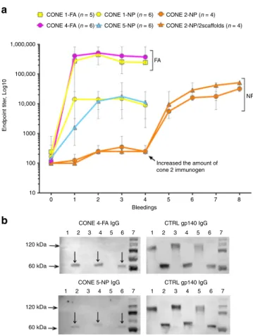 Fig. 3 Characterization of antibodies in the sera from rabbits immunized with CONEs. a Anti-CONE endpoint titers were determined by ELISA during the immunization process