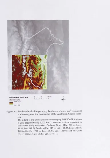 Figure 2.1: The Brindabella Ranges study landscape of 2,500 km^ (coloured) 