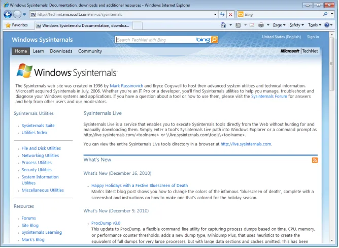 FIGURE 1-1 The Windows Sysinternals Web site.