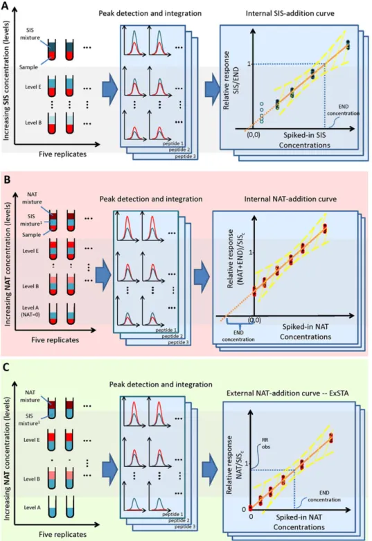 Figure 1. The three methods for generating standard curves. The method shown in panel A—the internal SIS-addition method—illustrates the common method for generating the standard curve in sample, which uses a SIS peptide mixture spiked in at several concen