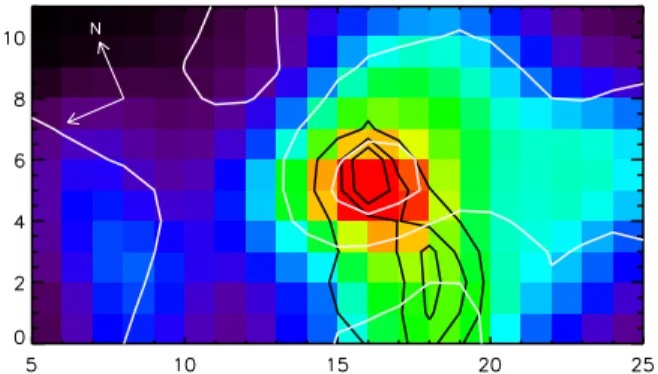 Figure 12. Map of the 8.6 μm PAH emission. Black contours: 4.8 GHz brightness temperature 50, 100, 150 K; white contours represent silicate absorption as measured by the Spoon method, peaking at radio A