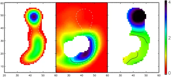 Figure 3. Predicted map of the Brγ flux derived from ATCA radio observations (left, white dashed contour at 1.5 ×10 −13 erg s −1 cm −2 ); Brγ flux observed with ISAAC smoothed to approximately the same resolution as the radio data, where the white region i