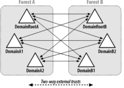 Figure 2-4. Trusts necessary for two Windows 2000 forests to trust each other 