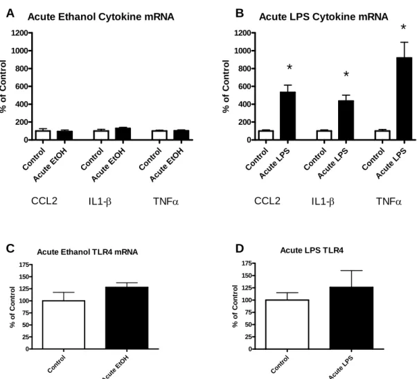 Figure 3.2: Effects of continuous ethanol versus chronic LPS administration on mRNA for  cytokines CCL2, IL1-β, TNFα and for TLR4s in cortex