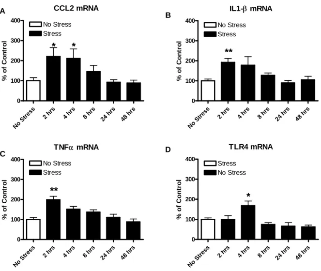 Figure 4.1: Time course of changes in mRNAs for CCL2, IL1-β, and TNFα and for TLR4s  following 1-hr restraint stress