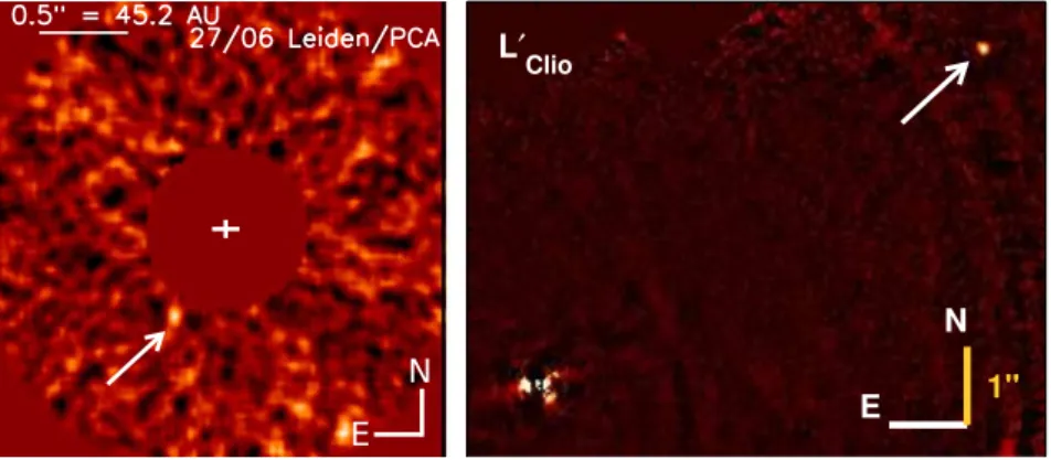 Figure 1.1 Left: Directly imaged 5 Jupiter mass planet HD 95086 b from Rameau et al. (2013c), indicated with a white arrow