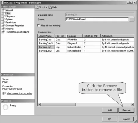 Figure 4.8 Removing a ﬁle with the SQL Server Management Studio
