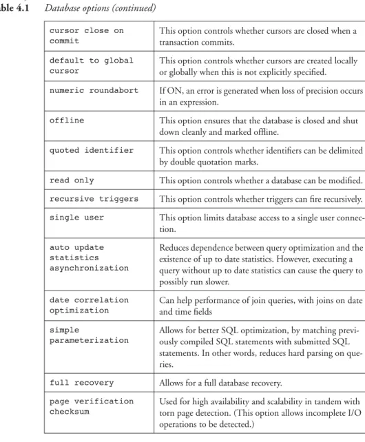 Table 4.1 Database options (continued)