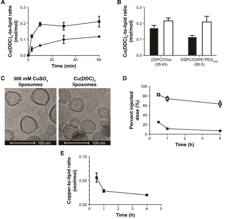 Figure 7 characterizing cu(DDc)2 prepared inside DsPc/DsPe-Peg2000 (95:5) liposomes.Notes: (A) DsPc/DsPe-Peg2000 liposomes prepared in 300 mM unbuffered cusO4 were incubated at 4°c () or 25°c () with DDc, and the amount of cu(DDc)2 formed as a function o
