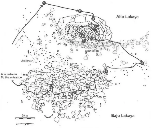 Figure 4 Plan of the archaeological site of Lakaya, indicating a path with twelve stops (Gil García 2011,  277, figure 14.2)