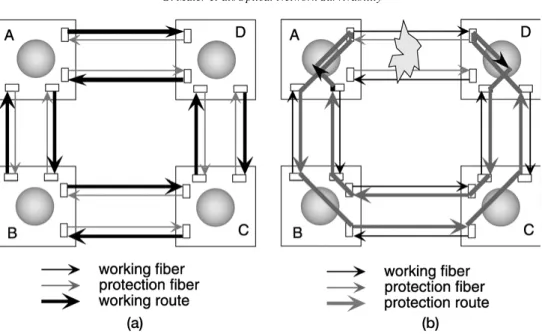Fig. 5. OMS shared protection ring (OMS-SPRing), four-®ber implementation. The ring is represented in working conditions (a) and after a loopback (b) due to a failure on link AD.