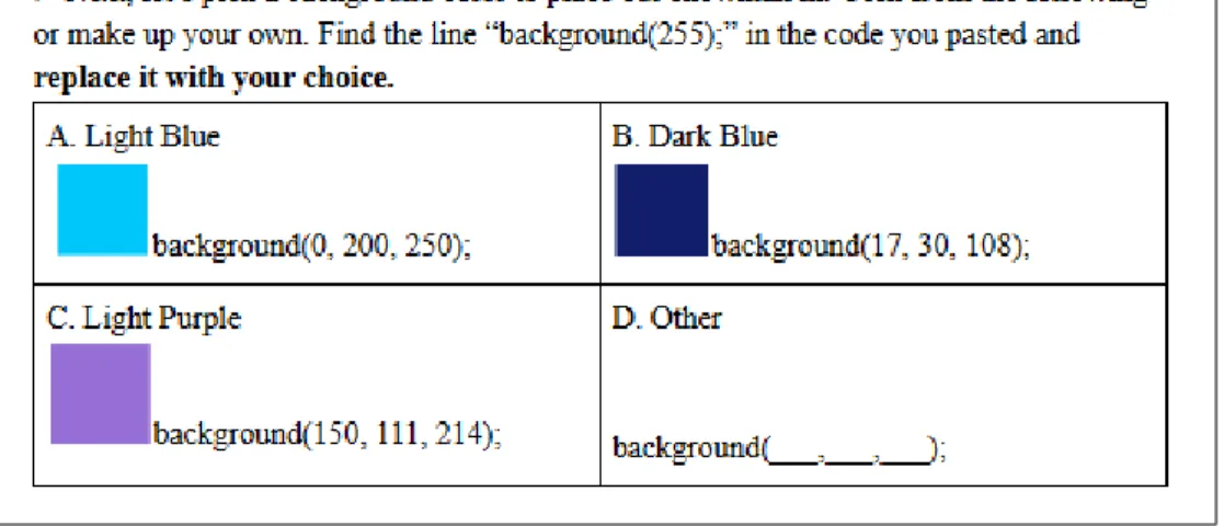 Figure 10: The First Instruction for Selecting the Background Color for the Creative Choice Worksheet.
