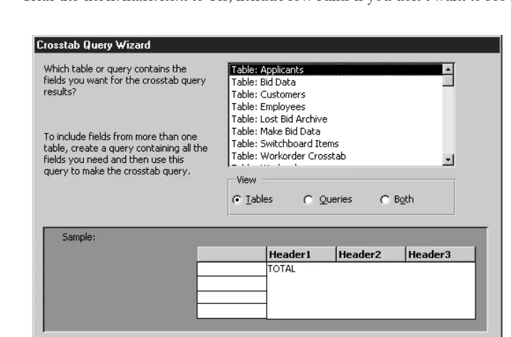 FIGURE 8-11Working in the first Crosstab Query Wizard dialog box