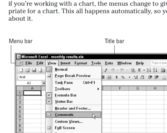 Figure 1-3: When you click an Excel menu, you gain access to the commands that tell the program what you want to do.