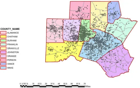 Fig 1. Case location of 1,895 cases of community-associated Clostridium difficile infection in the 10-county study area in central North Carolina