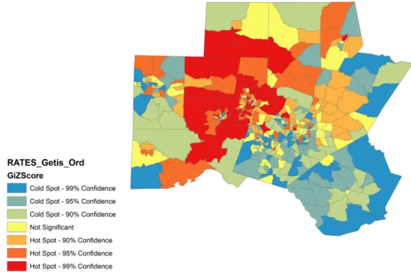 Fig 2. “Hot spots” or clusters of community-acquired CDI in a 10-county area in central North Carolina.