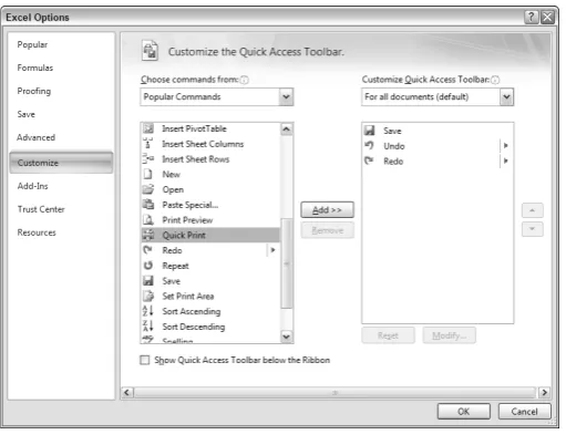 FIGURE 1.11Add new icons to your QAT by using the Customization section of the Excel Options dialog box.