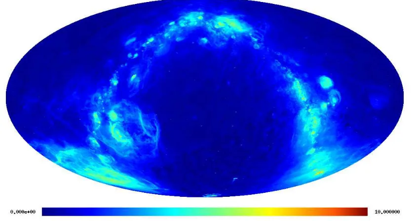 Figure 6.7.: Sky map of the increment in antenna temperature due to CO-line emission in thetransition of the CO molecule from the ﬁrst excited state into the ground state atin ecliptic coordinates: The shading is proportional to arsinh( ν = 100 GHz-channel
