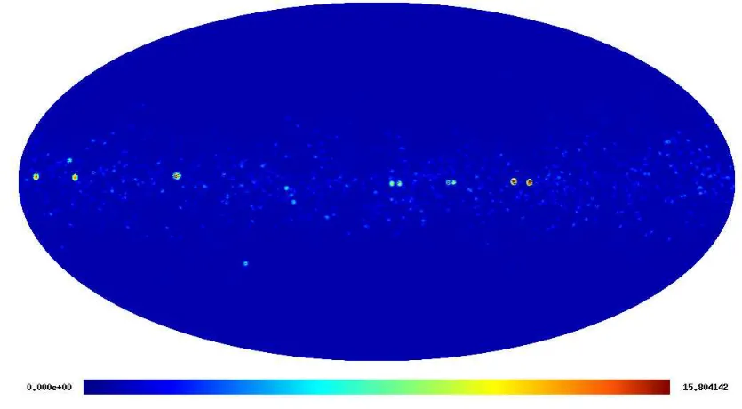 Figure 6.8.: Sky map of increment in antenna temperature TA produced by planets and asteroids in the ν = 30 GHzchannel at 33.′4 resolution (FWHM)