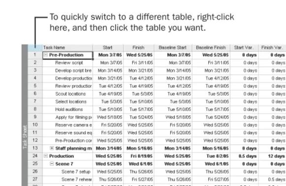 table (to see scheduled variance) or the Work table (to see work variance). 
