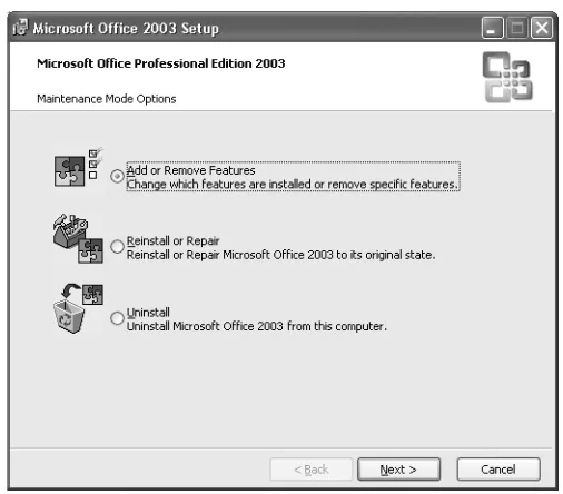 Figure 2-5.When you run the Office Setup program after installing Office 2003, it begins by displaying the Maintenance Mode Options dialog box.