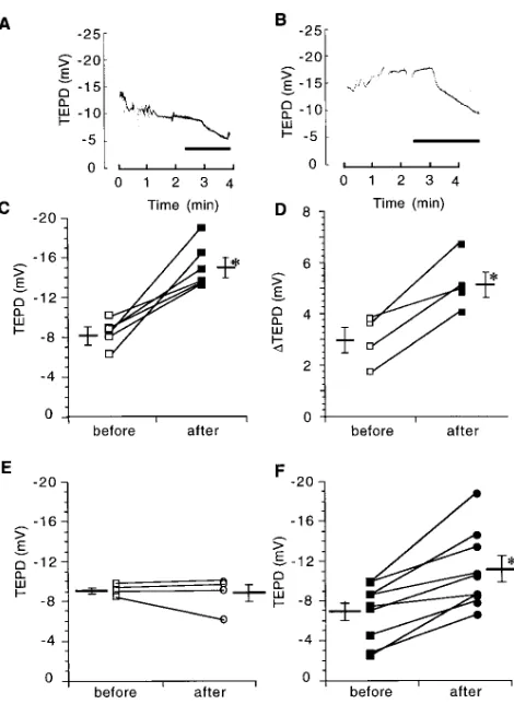 Figure 6. The effects of GC-S inhibition on mouse nasal TEPD in cftr (�/�,�) mice. The effect of the GC-S inhibitor ODQ (100 �M) on mouse nasal TEPD without pretreatment (�) or in the presence of either amiloride (100 �M) (�) or 8-Br-cGMP (100 �M) (�)