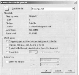 Figure 2.7: Shrinking a database file using the SQL Server Enterprise Manager  
