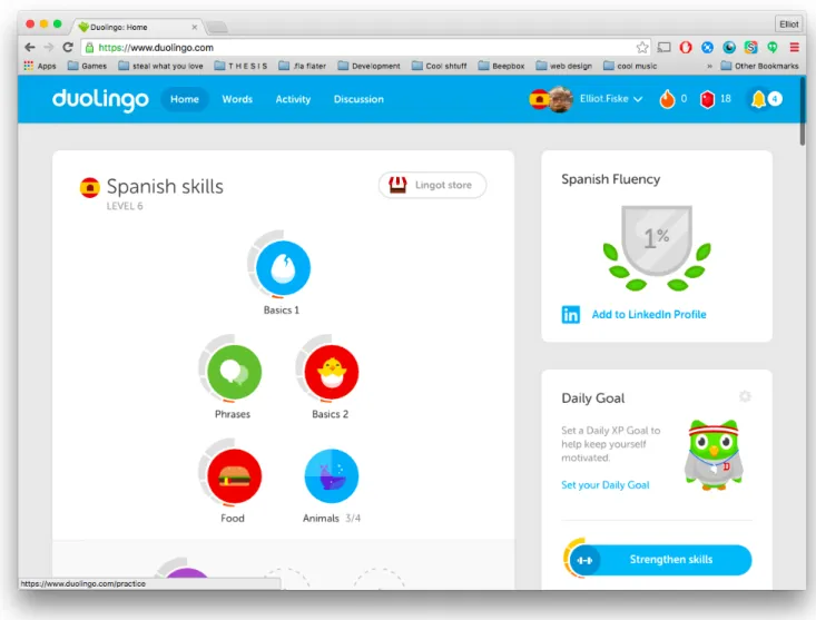 Figure 3.1: The Duolingo interface. Notice the gamification elements and the encouragement to reach a “daily goal.”