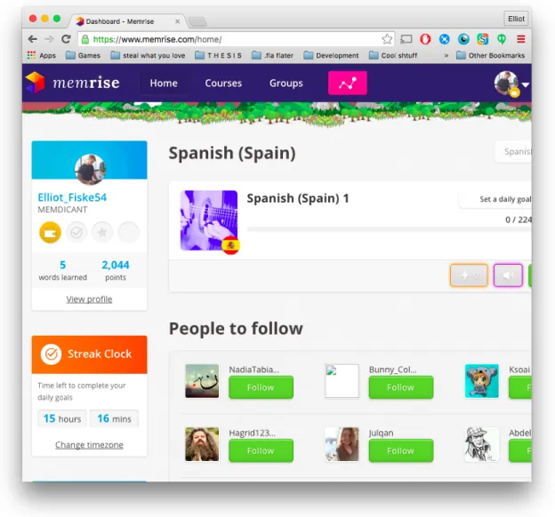 Figure 3.2: Screenshot of the Memrise interface. Note the gamification elements, the social aspect, and the “Streak” clock encouraging consistent use of the app.